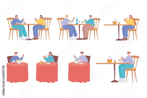 restaurant social distancing, people sit a distance apart in food place, covid 19 pandemic, prevention of coronavirus infection