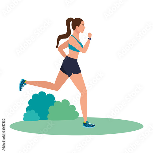 woman running on grass, woman in sportswear jogging, female athlete on white background vector illustration design