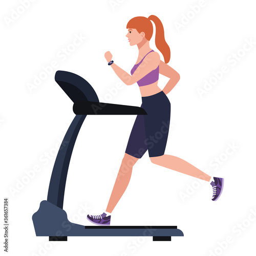sport, woman running on treadmill, sport person at the electrical training machine on white background vector illustration design
