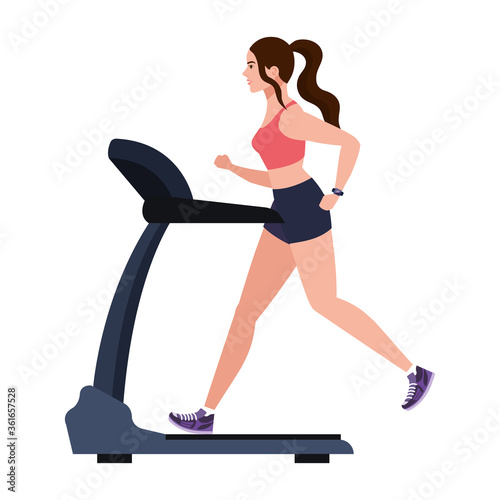 sport, woman running on treadmill, sport person at the electrical training machine on white background vector illustration design