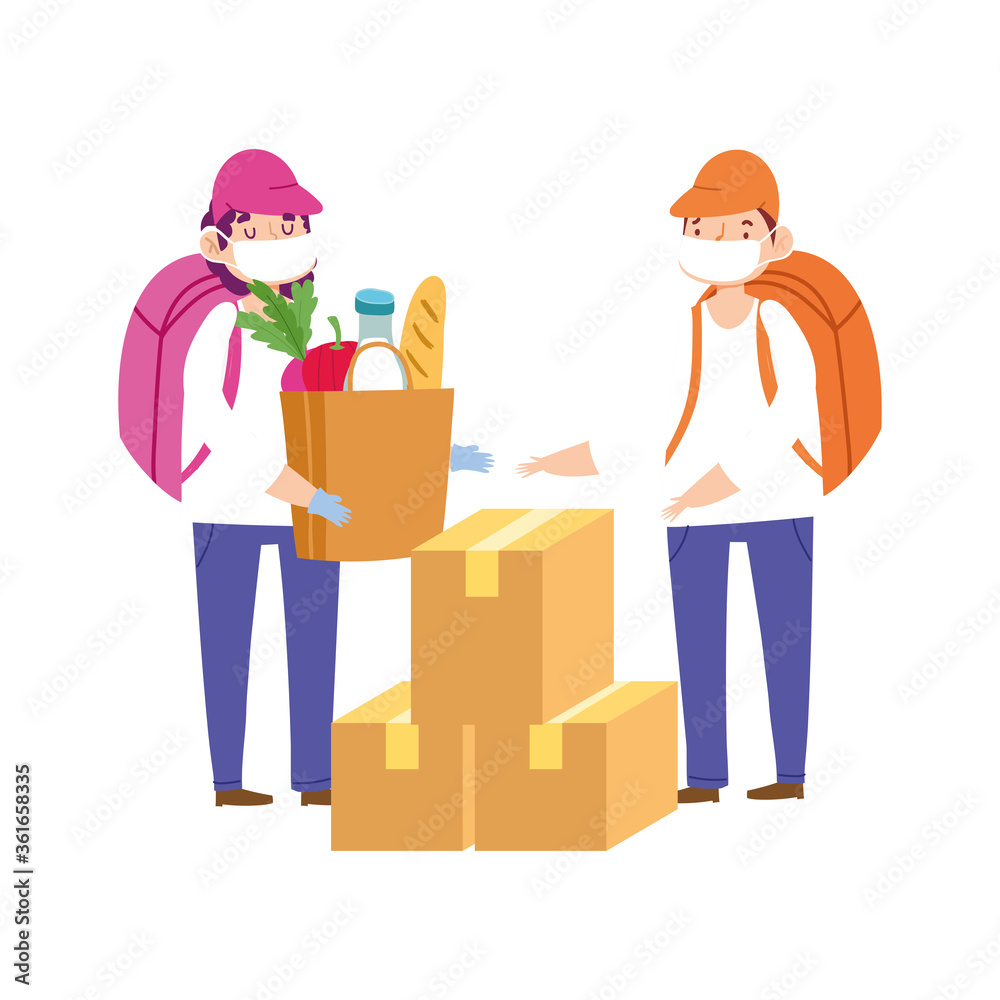 safe delivery at home during coronavirus covid 19 , courier men with grocery bag and boxes safe delivery at home during coronavirus covid 19 , courier men with grocery bag and boxes