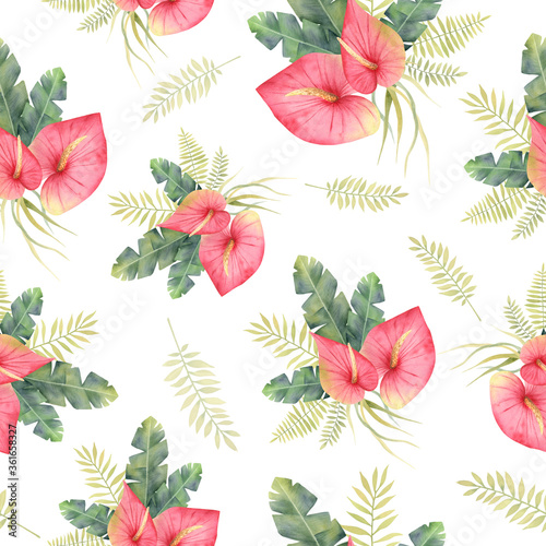 Watercolor hand drawn seamless pattern of tropical palm leaves and pink flowers anthurium on white background. Floral clipart illustration of exotic plants for design wrapping  wallpaper  home textile