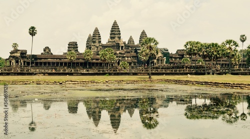 Reflective panoramic lake shot of Angkor Wat  Siem Reap Cambodia.  8th wonder of the world but should be 1st.
