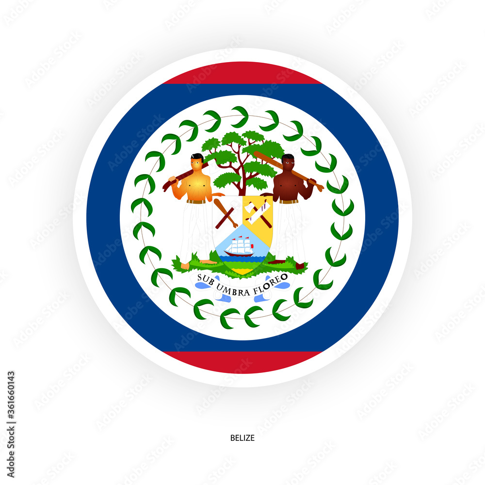 Belize circle flag with shadow on white background. Belize button flag isolated on white background. Belize circle flag with shadow on white background. Belize button flag isolated on white background.