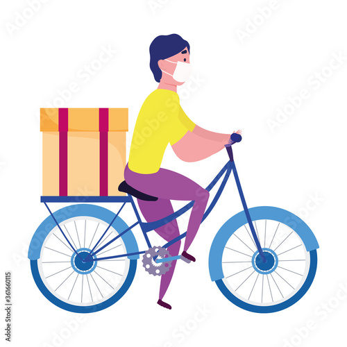 safe delivery at home during coronavirus covid 19 , courier man with mask riding bike with box