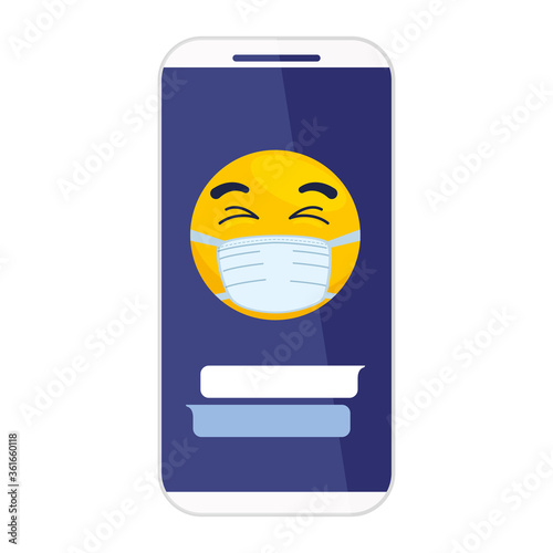 smartphone and emoji with eyes closed wearing medical mask on white background vector illustration design