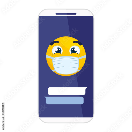 smartphone with emoji wearing medical mask on white background vector illustration design