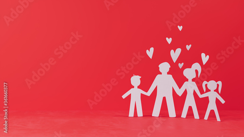 cutout paper family holding hands silhouette on red background, 3D illustration, concept background