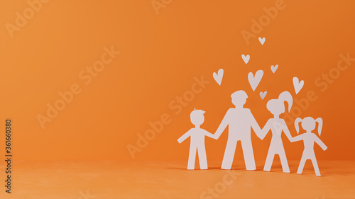 cutout paper family holding hands silhouette on yellow background, 3D illustration, concept background