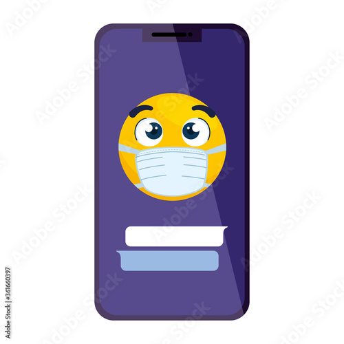 smartphone with emoji wearing medical mask on white background vector illustration design