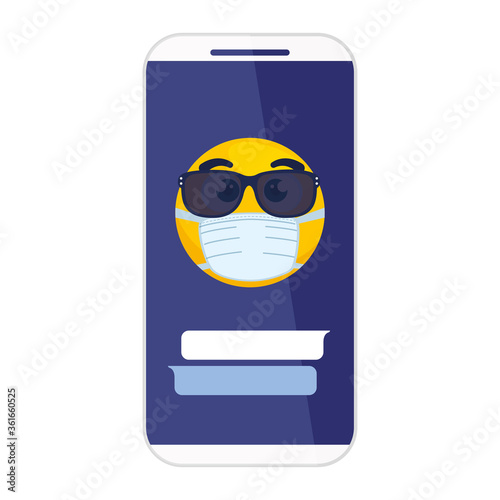 smartphone with emoji using sunglasses wearing medical mask on white background vector illustration design