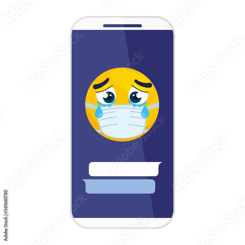 smartphone with emoji crying wearing medical mask on white background vector illustration design