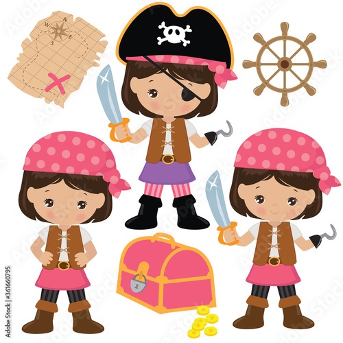 Cute pirate girl vector cartoon illustration
