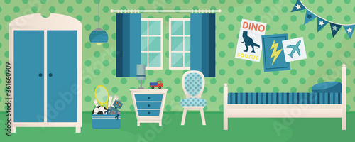 Boy's green and blue bedroom interios illustration, kid's room furniture vectors