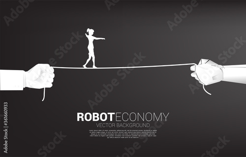 silhouette of businesswoman walk rope in robot and human hand. Concept of Business challenge and career path.