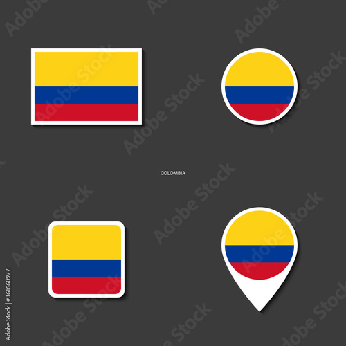 Colombia flag icon set in different shape (rectangle, circle, square and marker icon) on dark grey background. Colombia sticker flag collection on barely dark background.