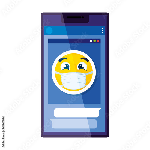 smartphone with emoji wearing medical mask on white background vector illustration design