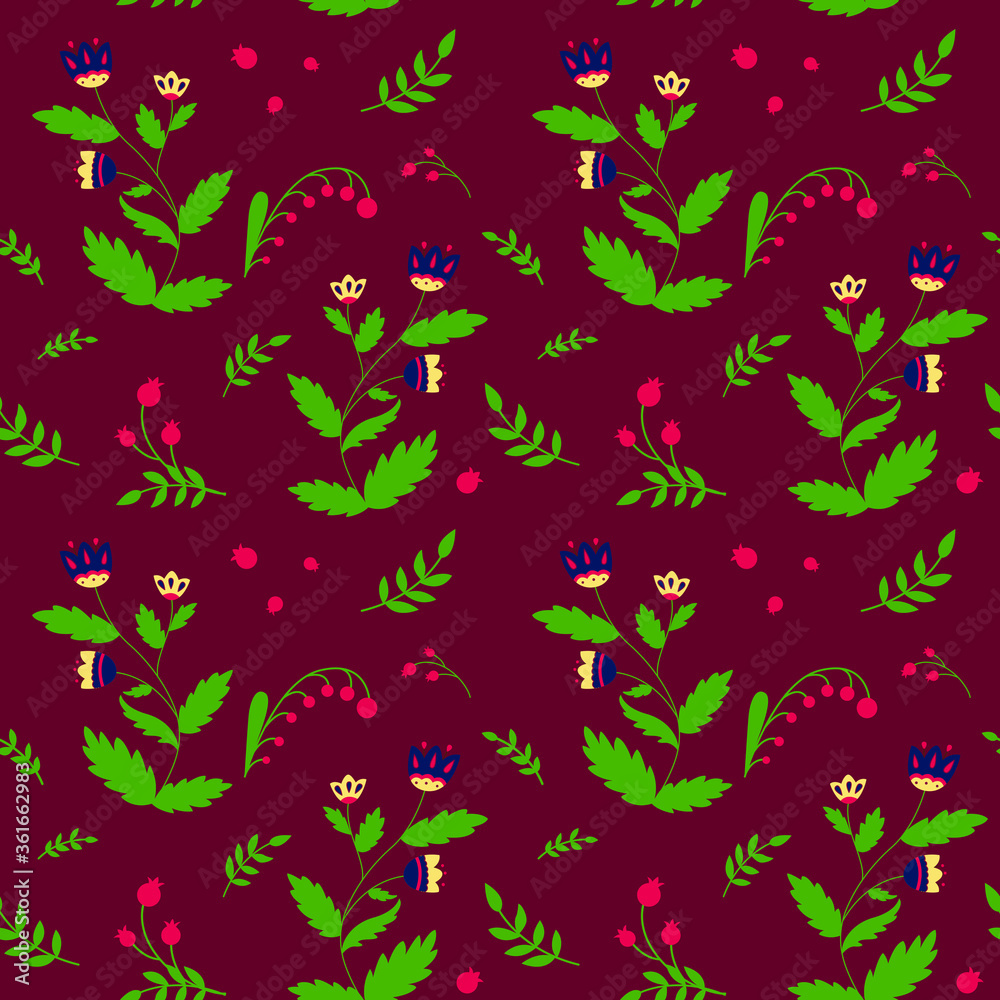 Seamless Slavic pattern of flowers on a burgundy. Floral and berry motifs for decorating a gift for mother's day
