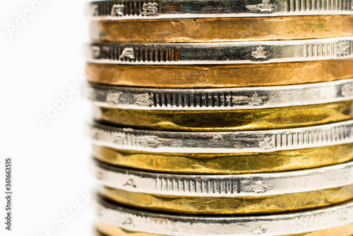 A stack of loonies and toonies, coins of the Canadian dollar