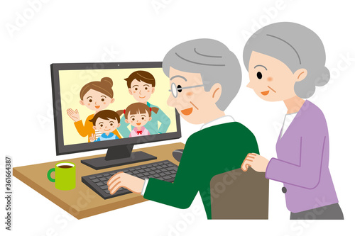 パソコンで息子一家と通話するシニア夫婦のイラスト/白背景