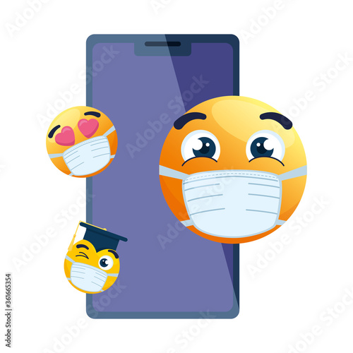 smartphone with emojis wearing medical mask on white background vector illustration design