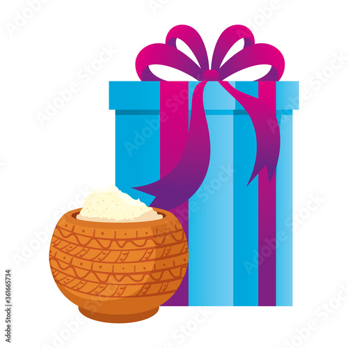 ceramic container with powder with gift box, holy celebration vector illustration design