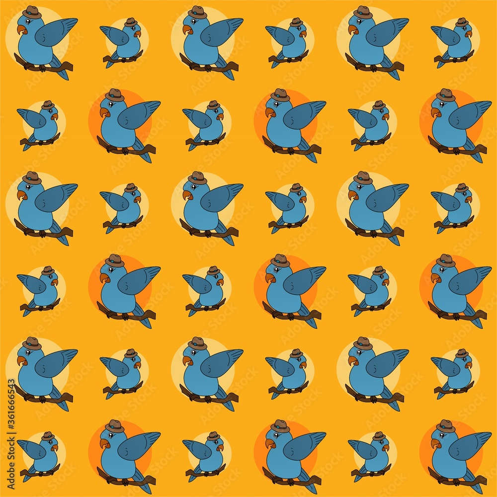 Obraz premium Blue Bird Wearing a Hat Cute Illustration, Cartoon Funny Character, Pattern Wallpaper 