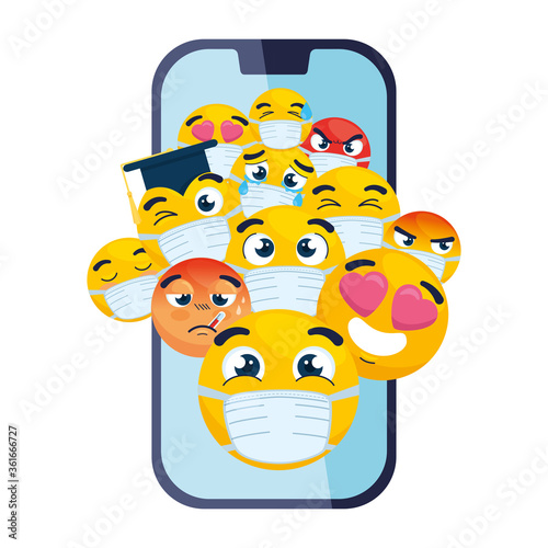 smartphone with emojis wearing medical mask on white background vector illustration design