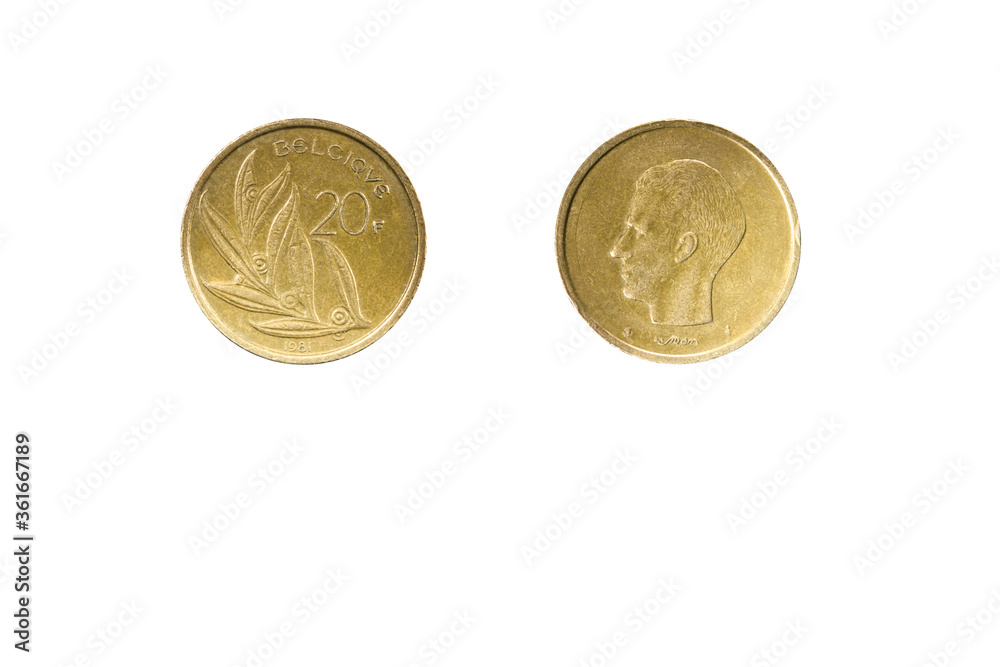 20 francs Belgium coin year 1981 front and rear view on white background copy space 20 francs Belgium coin year 1981 front and rear view on white background copy space