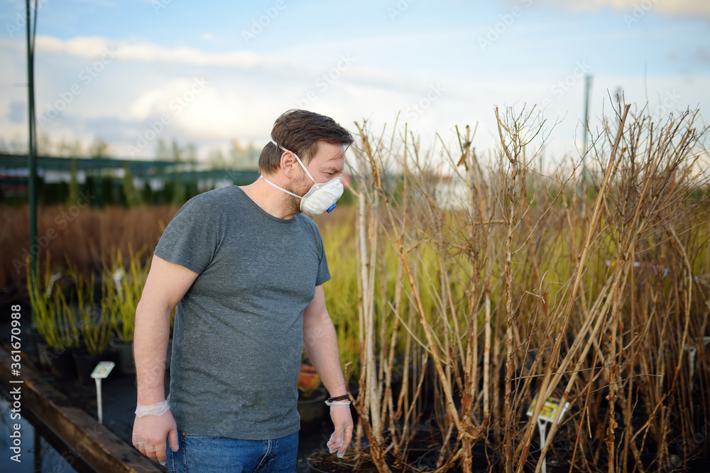 Fototapeta premium Man choosing and buying plant in garden center in early springtime. Landscaping design. Season of planting.