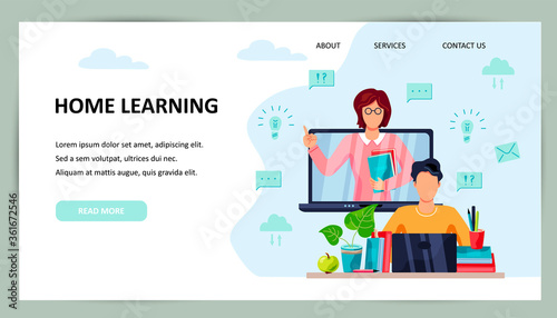 Online education, home schooling concept. Student is doing homework on computer. Female teacher on laptop screen. Place for text. Website design.Vector illustration. Flat cartoon style design