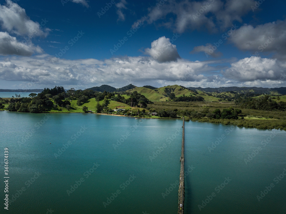 Fototapeta premium Wooden longest path bridge from drone, New Zealand
