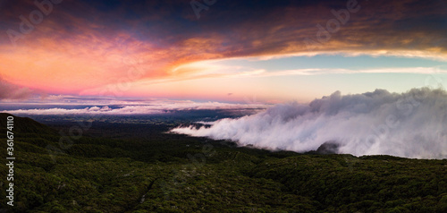 Sunset from drone, Taranaki National park, New Zealand