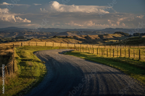 Gravel road in sunset, New Zealand