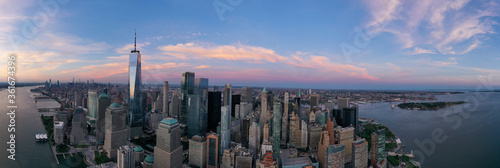 Panorama view of the Skyline of Lower Manhattan in sunset day, New York City, United States. Shot from Hudson River © raoyang