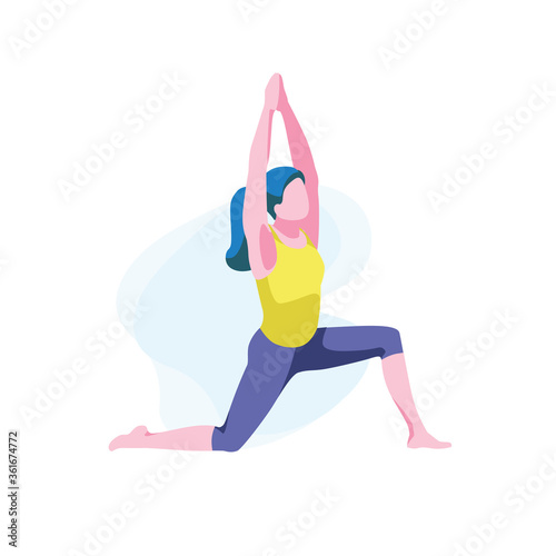 Cartoon woman stands in low lunge posture. Cute girl demonstrate anjaneyasana pose, isolated on white background. Healthy lifestyle and sport concept. Female practicing yoga. Flat vector illustration