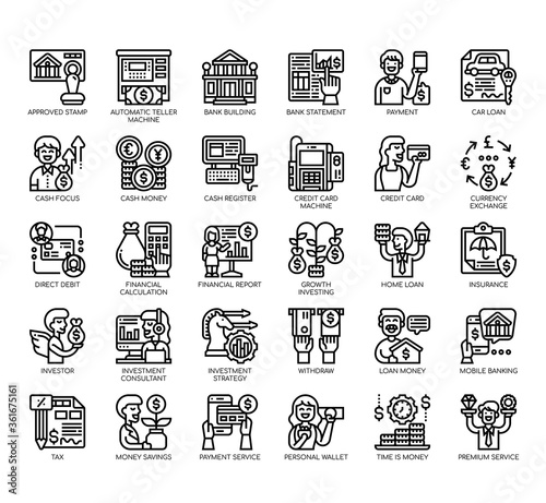 Set of banking thin line and pixel perfect icons for any web and app project.