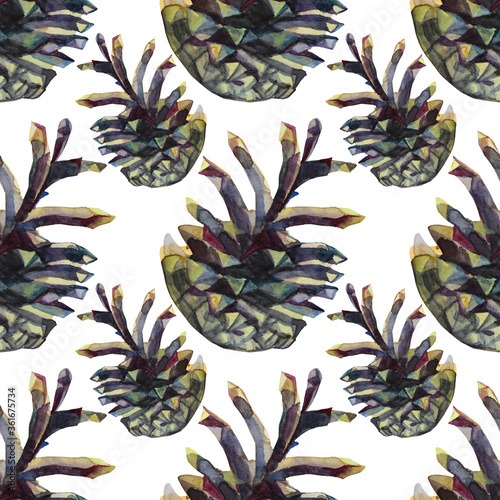 Fototapeta Naklejka Na Ścianę i Meble -  Watercolor seamless pattern with hand-drawn brown pine cones. Art creative nature background for card, wallpaper, textile, wrapping, florist