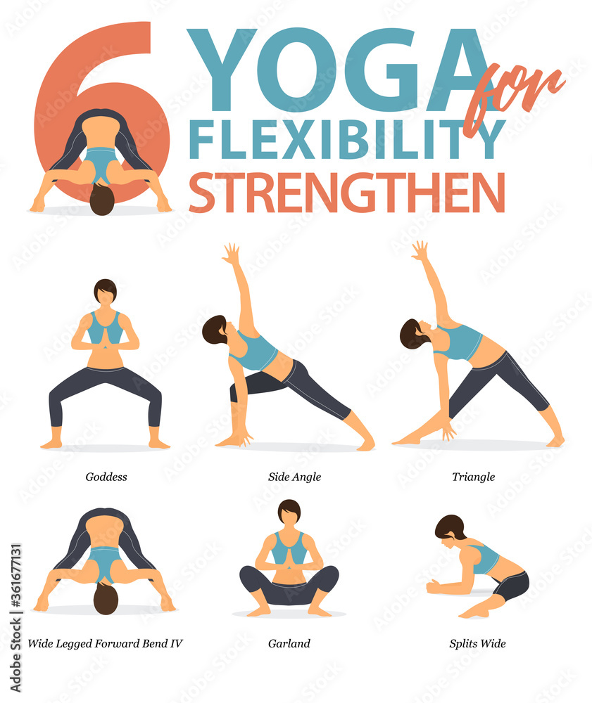 6 Yoga poses for workout in flexibility strengthen concept. Woman
