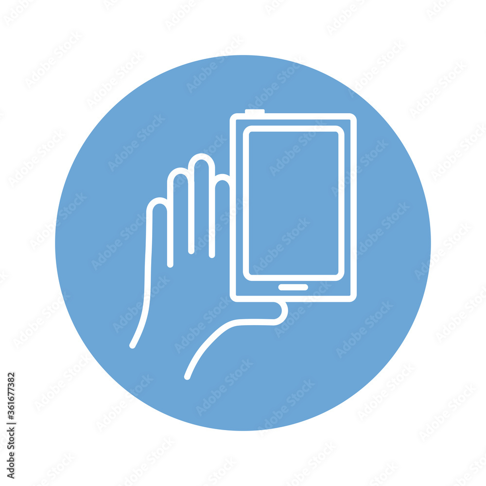 hand using smartphone device block style icon hand using smartphone device block style icon