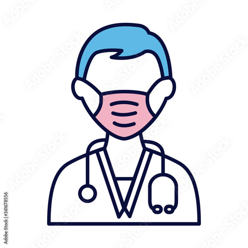male doctor wearing medical mask with stethoscope line and fill style icon © Gstudio