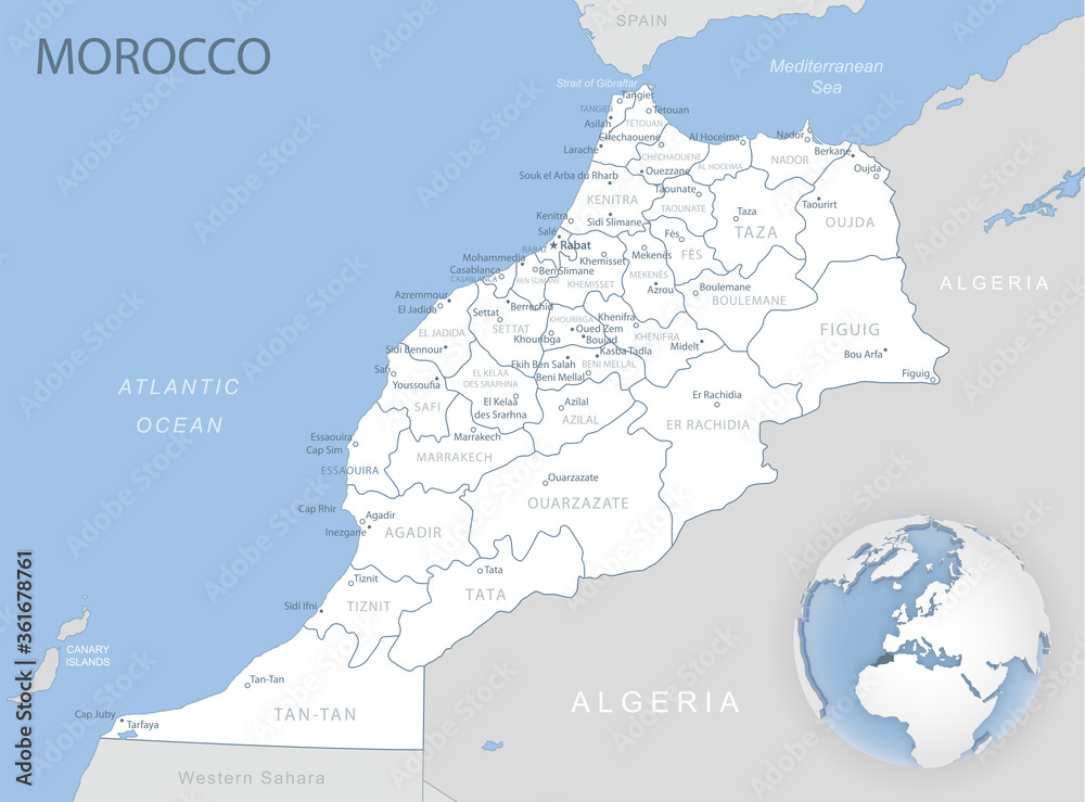 Blue-gray detailed map of Morocco administrative divisions and location on the globe.