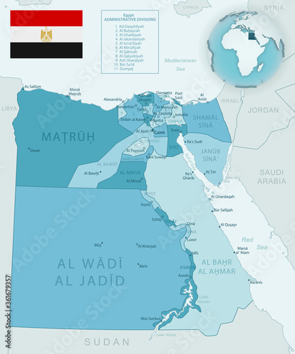 Blue-green detailed map of Egypt administrative divisions with country flag and location on the globe.