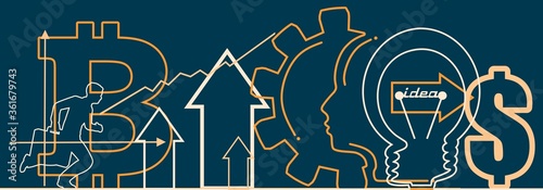 Silhouette of a head in the gear. Business concept. Horizontal thin line style web banner.