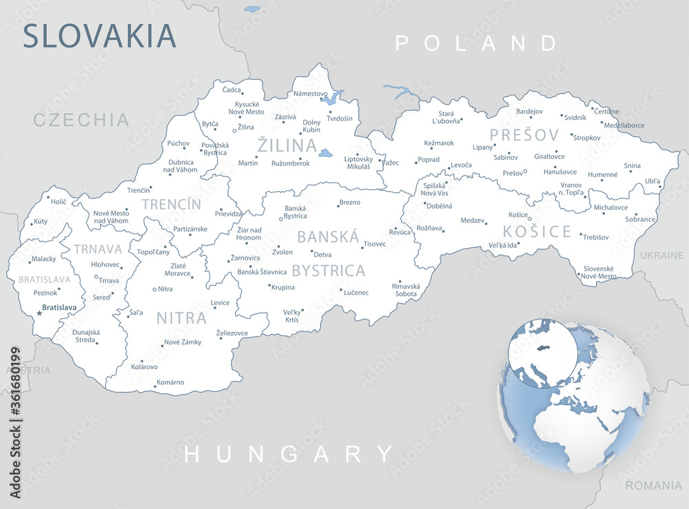 Blue-gray detailed map of Slovakia administrative divisions and location on the globe.