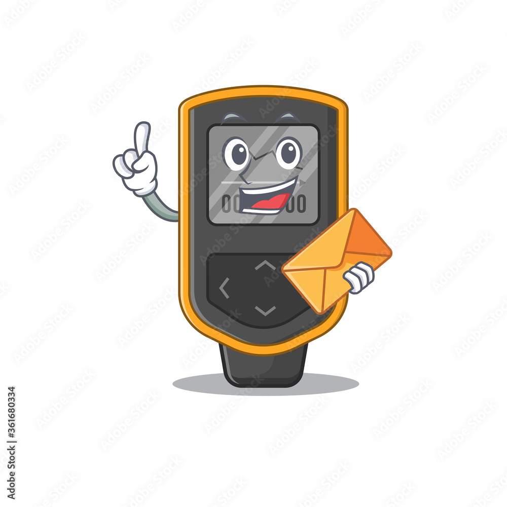 A picture of cheerful dive computer caricature design concept having an envelope A picture of cheerful dive computer caricature design concept having an envelope