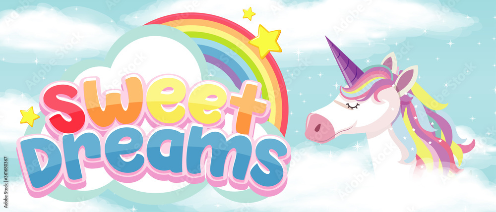 Sweet dream symbol with unicorn on sky background