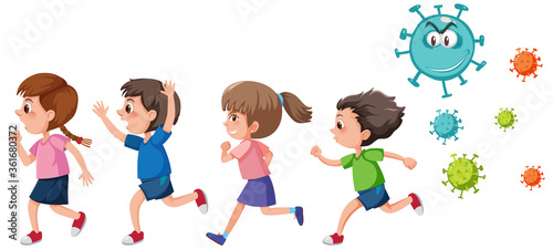 Four kids running away from coronavirus icon isolated
