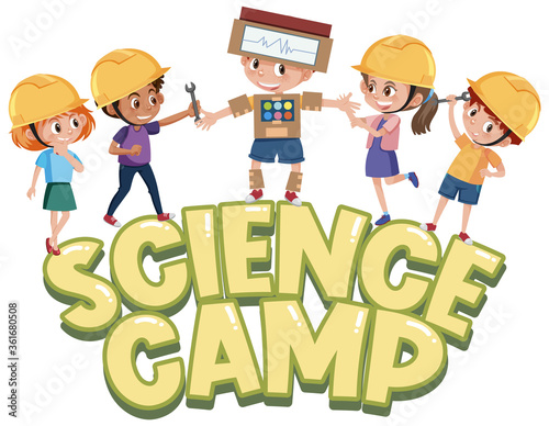 Science camp logo with kids wearing engineer hat isolated