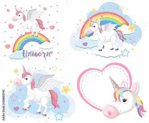 Set of cute unicorn or pegasus in pastel color isoalted